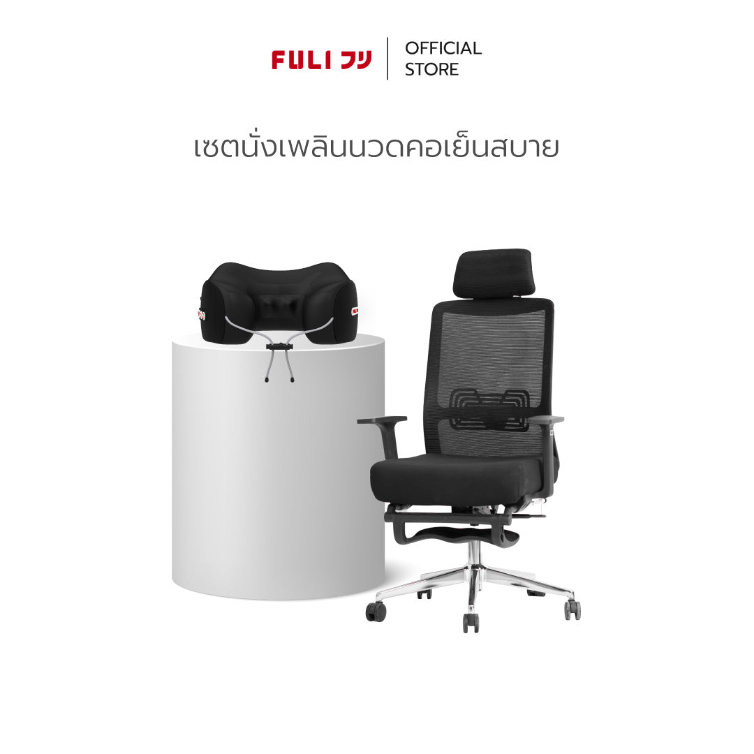 เซตนั่งเพลินนวดคอเย็นสบาย | FULI X9 Memory Foam ErgoMesh Office Chair - Black + Cool Tech Massage Neck Pillow