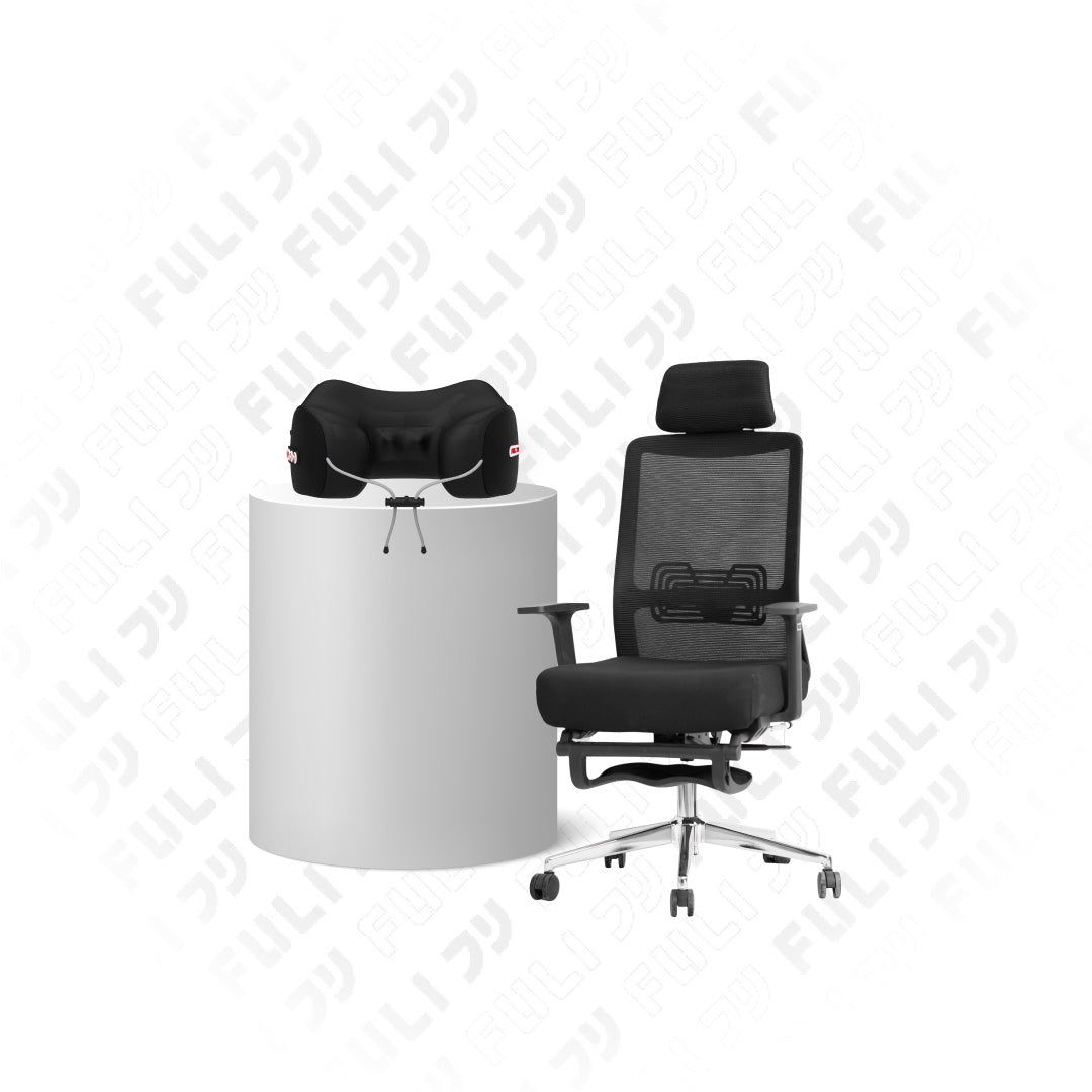 เซตนั่งเพลินนวดคอเย็นสบาย | FULI X9 Memory Foam ErgoMesh Office Chair - Black + Cool Tech Massage Neck Pillow