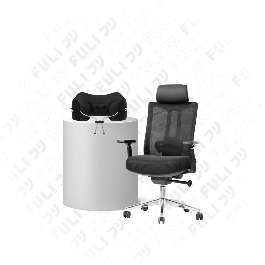 เซตนั่งฟินนวดเย็นสบาย | FULI M9 Expert Posture ErgoMesh Office Chair - Black + Cool Tech Massage Neck Pillow
