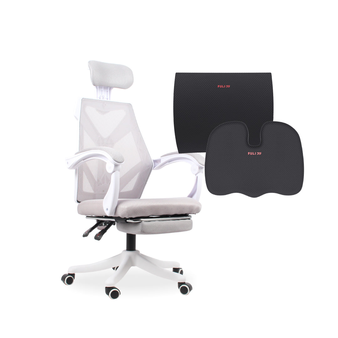 เซตนั่งทำงานเพลิน FULI X8 ErgoChair - White ขาว + เซตนั่งสบาย FULI 3Memory Foam FULI Lumbar Support Cushion Core U Shape seat cushions