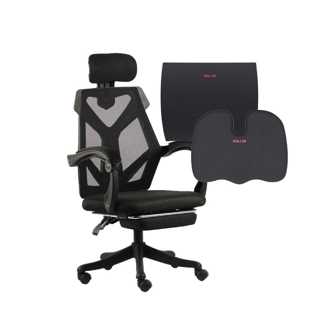 เซตนั่งทำงานเพลิน เก้าอี้ทำงาน เบาะรองนั่ง FULI X8 ErgoChair - Black ดำ + เซตนั่งสบาย FULI 3Memory Foam FULI Lumbar Support Cushion Core U Shape seat cushions